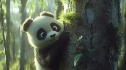 Obraz premium Curious Panda Cub Clinging to Tree in Forest