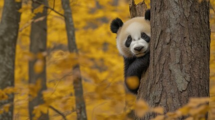 Fototapeta premium Curious Panda Cub Peeking from Behind a Tree