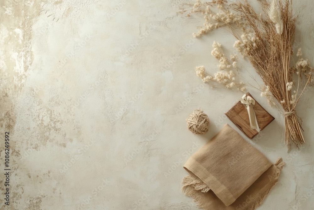Aufkleber a soft, neutral backdrop features dried flowers, twine, and rustic cloth, creating a serene and harm