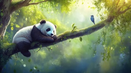 Fototapeta premium Playful Panda Cub on Tree Branch in Serene Nature