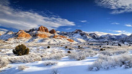 A snow-covered landscape with red rock formations and a blue sky.