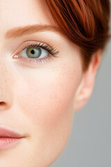 Naklejka premium Close up Woman s Eye Freckles Red Hair Beauty Skincare Cosmetics Face Portrait Detail Skin Texture