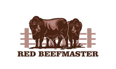 red beef master cow in ranch logo, silhouette of great cattle standing at farm vector illustrations