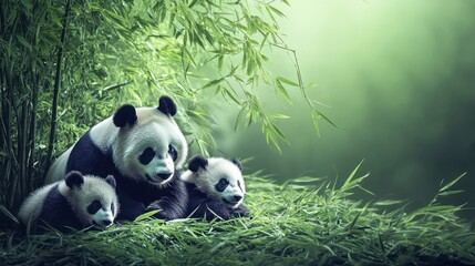 Family of Pandas Relaxing Together in Nature