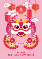 Chinese New Year festive background with dragon mask, hanging lanterns, clouds and fans decorated with flowers. Poster, card, banner, flyer, invitation