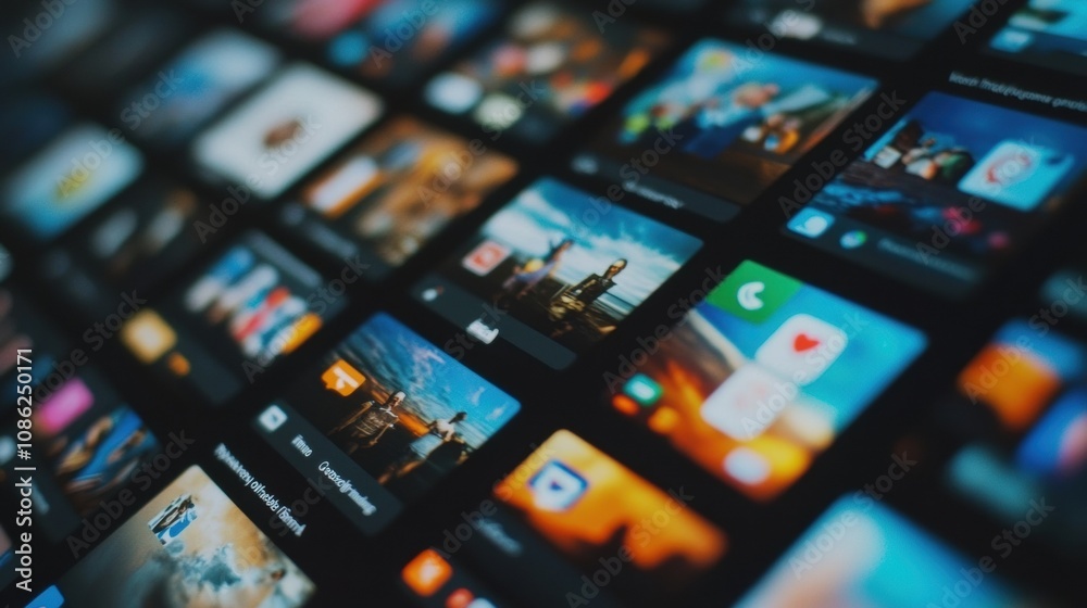 Aufkleber A diverse collection of social media app interfaces showcases vibrant user-generated content and digital interactions on multiple screens. Generative AI