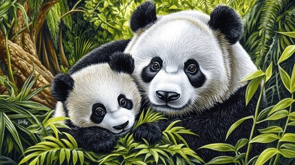 Fototapeta premium Mother Panda Watching Over Her Cub in Lush Jungle