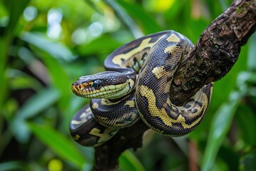 Stunning Python Coiled on a Branch Surrounded by Lush Greenery