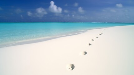 Obraz premium Footprints Lead To Turquoise Ocean And White Sand Beach