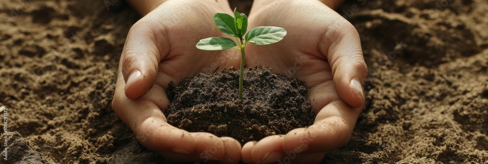 Poster Two hands are softly cradling a tiny seedling with delicate leaves, positioned in dark, moist soil, reflecting a nurturing gesture. Generative AI
