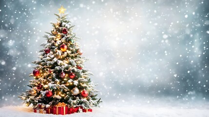 Obraz premium Decorated Christmas Tree With Gifts Underneath In A Snowy Scene