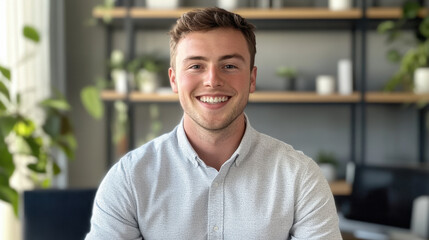 Obraz premium young man with friendly smile is seated in modern office environment, surrounded by plants and shelves. His casual business attire adds to professional yet relaxed atmosphere