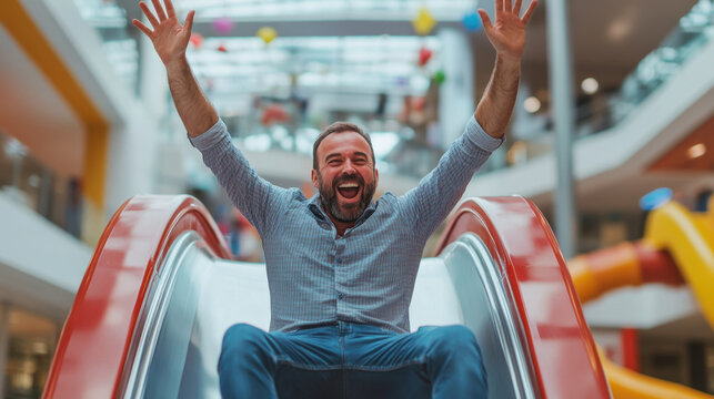 joyful man is happily sliding down colorful slide in vibrant indoor play area, expressing pure excitement and fun