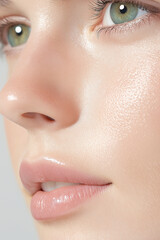 Close up of Woman s Face Beautiful Skin Green Eyes Lips Cosmetics Beauty Skincare