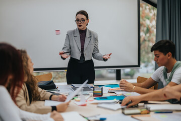 Fototapeta premium A teacher leads a classroom session, engaging with students in a group activity. The image captures a collaborative learning environment with focus and engagement from all participants.
