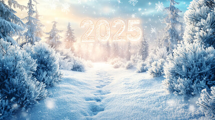 "2025" with frosty winter textures and icy accents for a cold New Year vibe.