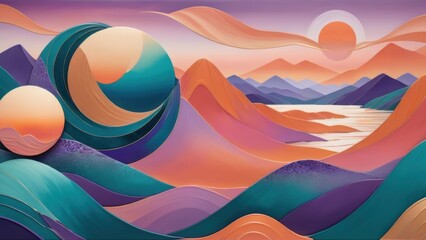 Abstract landscape with flowing mountains, suns, and vibrant pastel colors in a surreal composition.