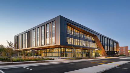Modern office building with angled windows at dusk, showcasing contemporary architecture and vibrant workplace design