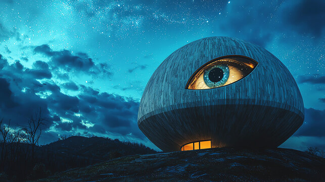 Dome-shaped observatory resembling an eye illuminated against a starry night sky in a tranquil landscape