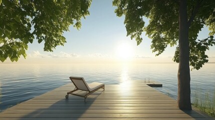 Serene Lakeside View with Wooden Pier at Sunrise