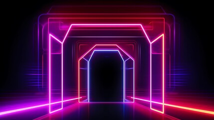 Fototapeta premium Neon Lights Form Abstract Geometric Tunnel Pathway