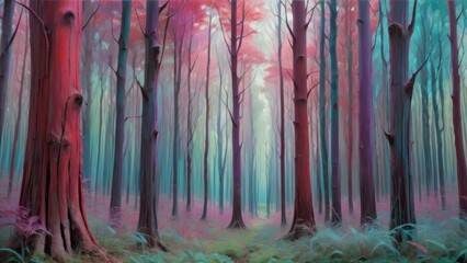 Surreal forest with vibrant red and purple trees, soft teal mist, and dreamy pastel tones.