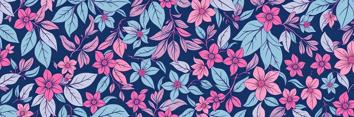 Obraz premium Seamless background with intricate patterns of leaves and flowers in shades of blue pink, leafy, blue flowers, leaf designs