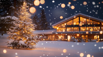 Naklejka premium Winter Wonderland Lodge: Christmas Tree and Cozy Cabin in Snowy Night