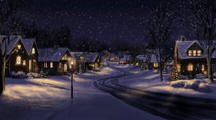Fototapeta premium Snowy Village at Night with Holiday Lights