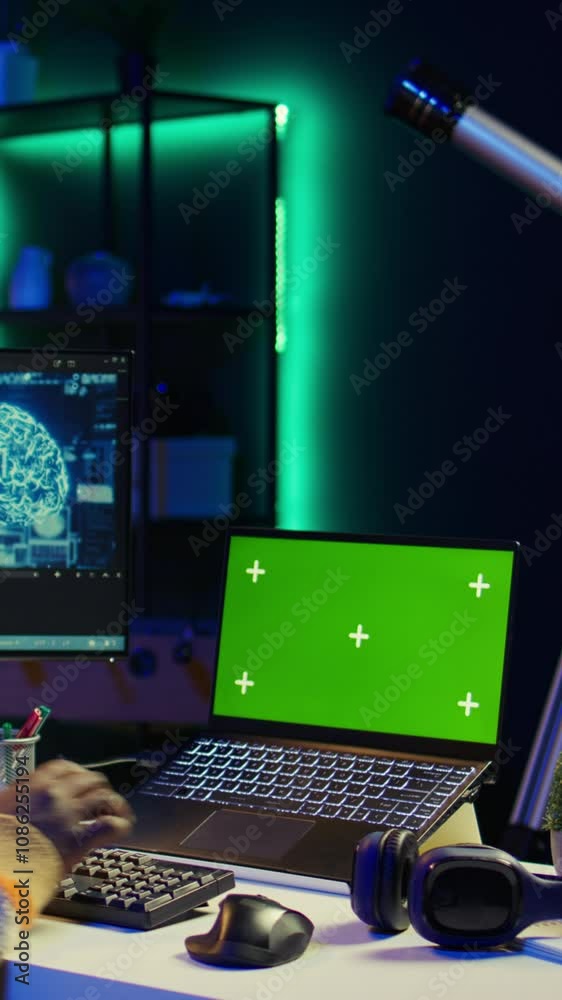 Poster vertical video african american man using ai to develop a software system with chroma key on pc, clo