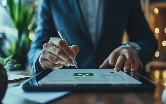 Businessman completing an online survey on a tablet