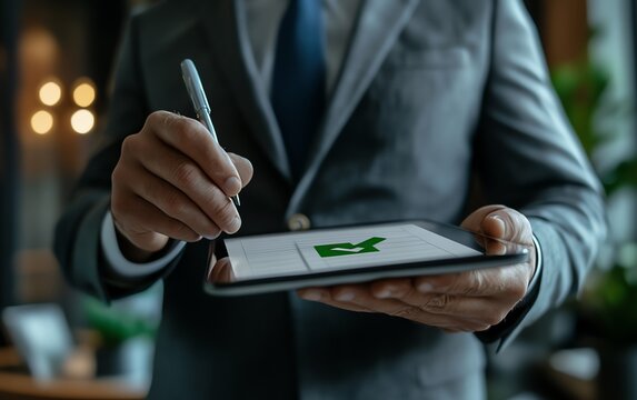 Businessman in formal attire filling out a digital questionnaire on a tablet