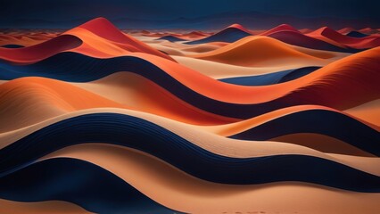Abstract desert landscape with vibrant orange and navy blue sand dunes under a dramatic dark sky.