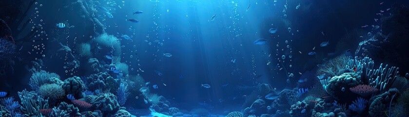 Illustrate an underwater scene with bioluminescent creatures