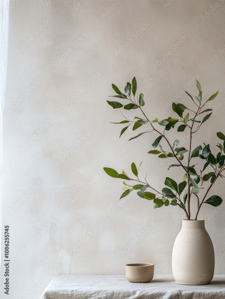 Aufkleber a minimalist decor featuring a pale vase holding green branches, set on a light table with a small b