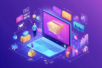 business, illustration, marketing, person, vector, megaphone, communication, technology, concept, graph, strategy, horizontal, idea, infographic, laptop, management, media, social, businessman, web,