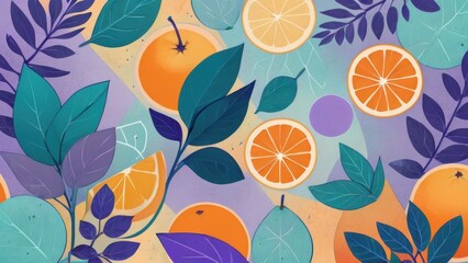 Vibrant Abstract Illustration of Citrus Fruits and Leaves in a Colorful Pattern