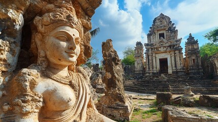 Fototapeta premium Ancient stone statue and temple ruins under a blue sky.