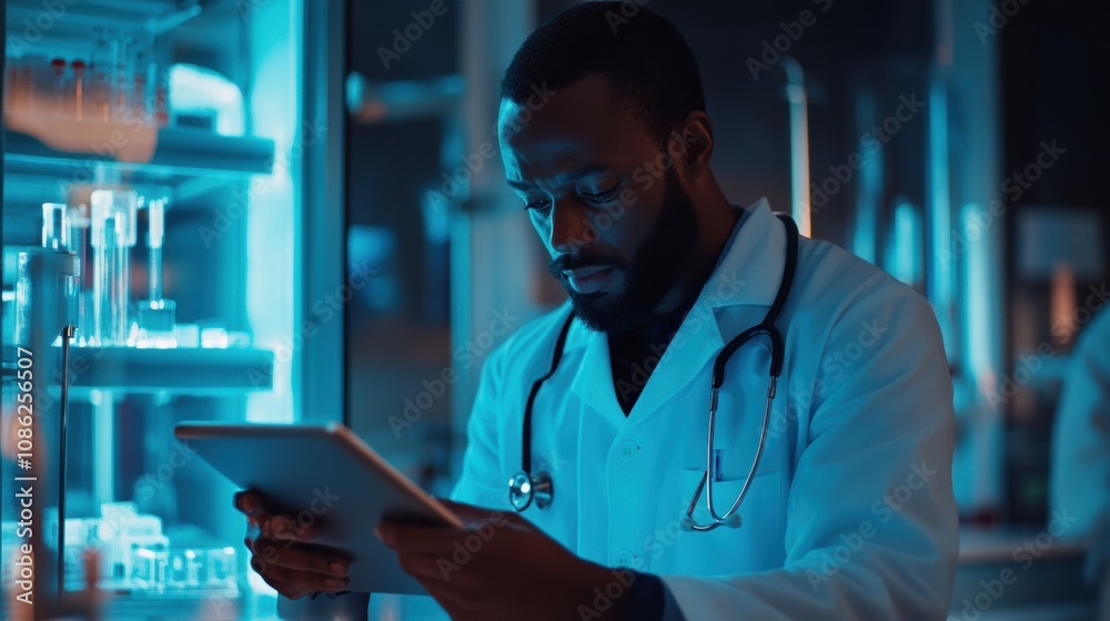 Aufkleber the doctor, dressed in a white coat, is focused on reviewing information on a tablet in a well-lit l