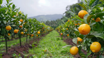 Lush Orange Grove Rows Ripe Citrus Fruits Sunny Orchard Agriculture Farming