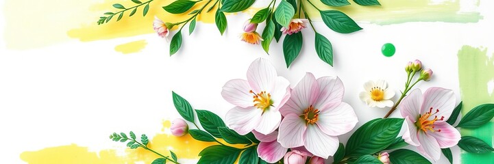 Fototapeta premium Vibrant emerald floral arrangement on white canvas with abstract green and yellow brushstrokes, emerald green, vibrant colors, yellow flowers