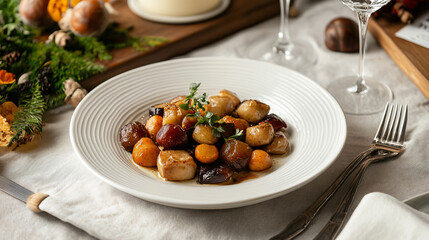 A beautifully plated dish with roasted chestnuts, roasted vegetables, and a sprinkle of fresh herbs, served on fine china.