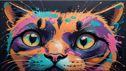 Abstract colorful close-up of a cat's face with bold splashes of orange, teal, pink, and purple tones.