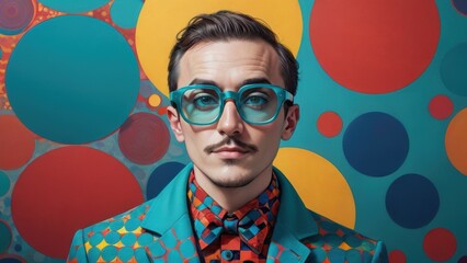 Stylish man with turquoise glasses and geometric fashion against a colorful abstract background of vibrant circles.