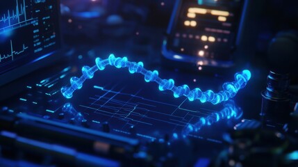 A glowing DNA strand displays its structure against a backdrop of scientific equipment and digital screens in a lab at night. Generative AI