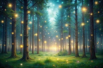 Whimsical forest with twinkling stars and fireflies dancing amidst tall trees, magical, canopy