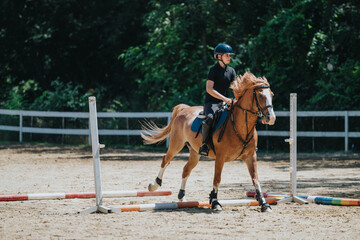 Rider showcasing their skills and confidence while riding a horse in a sunny outdoor equestrian arena.