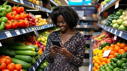 Smiling woman checking her phone while shopping for fresh produce in a vibrant grocery store aisle during daylight hours