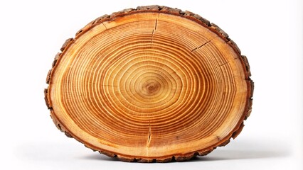 A cross-section of a tree trunk with visible growth rings displayed on a white background.  