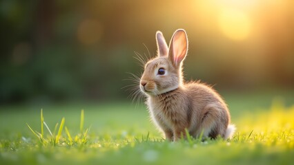 Fototapeta premium Small brown rabbit in a meadow during golden hour, surrounded by warm evening light.